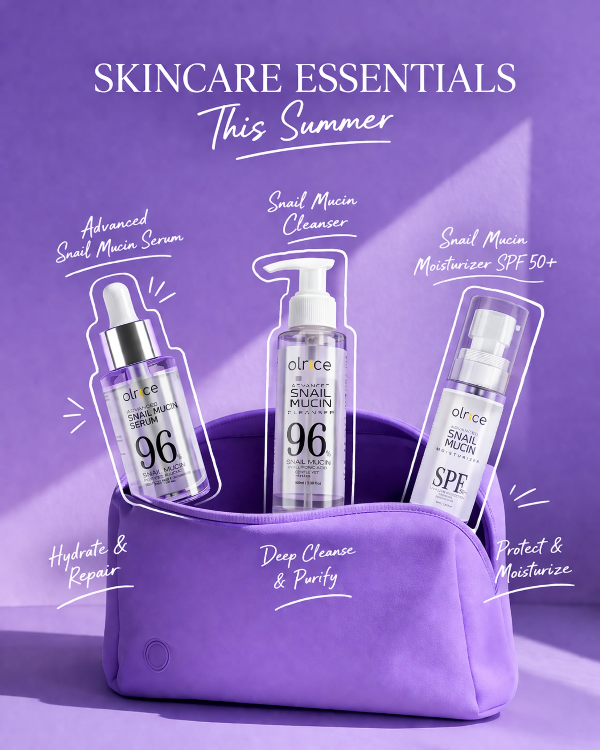 Advanced Snail Mucin Skincare Set - Cleanser with Hyaluronic Acid, 96% Niacinamide Serum, SPF 50+++ Moisturiser - Pack of 3 - OLRICE SKINCARE