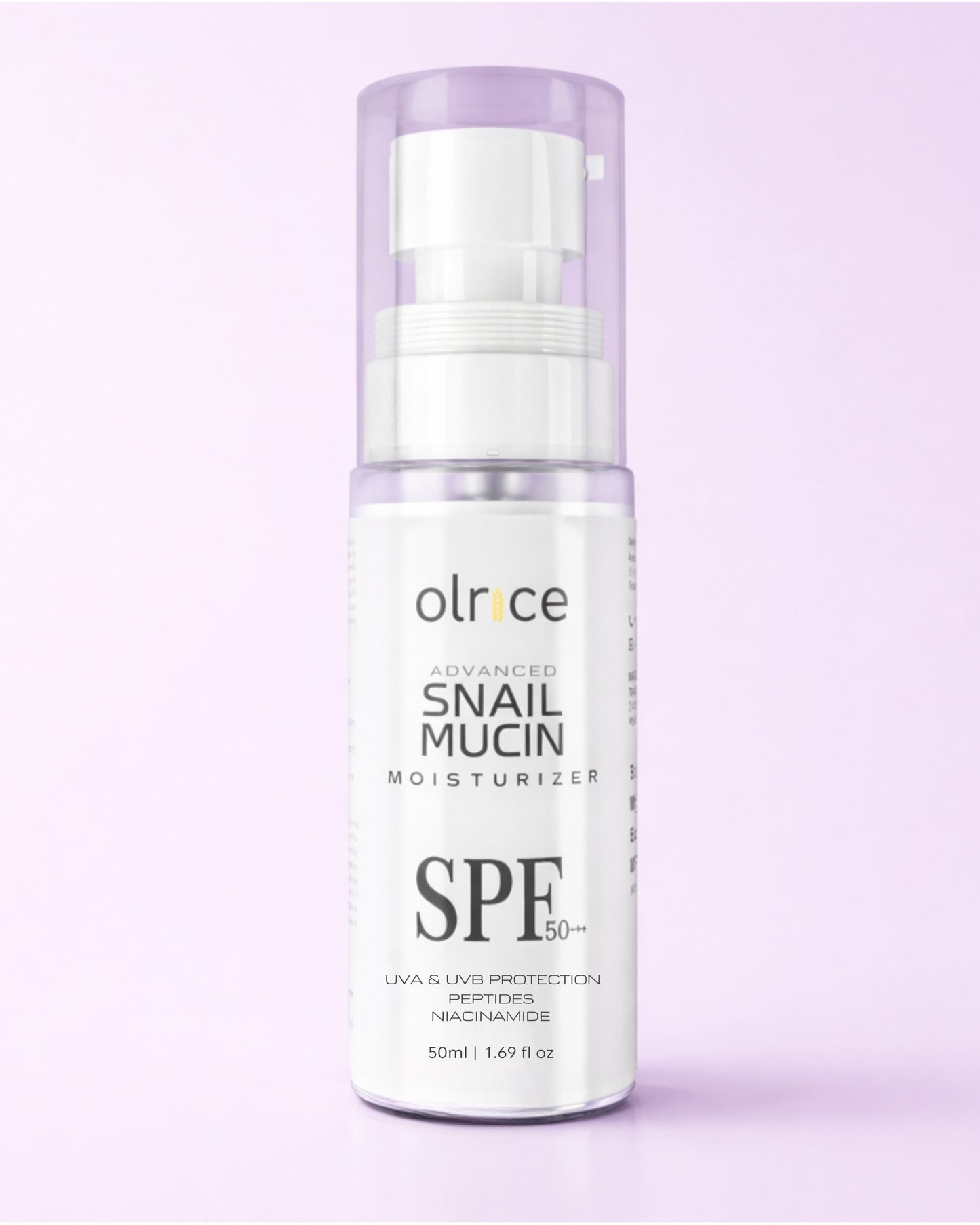 Skincare bottle labeled 'olrce' with 'Snail Mucin Moisturizer' on a light purple background
