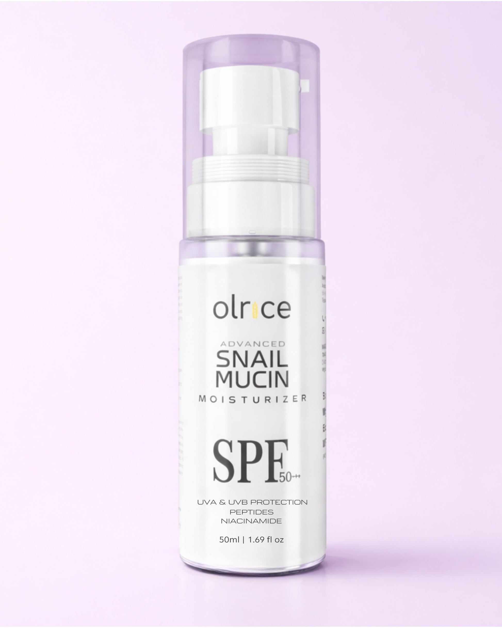 Skincare bottle labeled 'olrce' with 'Snail Mucin Moisturizer' on a light purple background