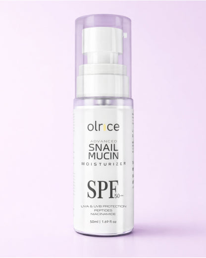Skincare bottle labeled 'olrce' with 'Snail Mucin Moisturizer' on a light purple background