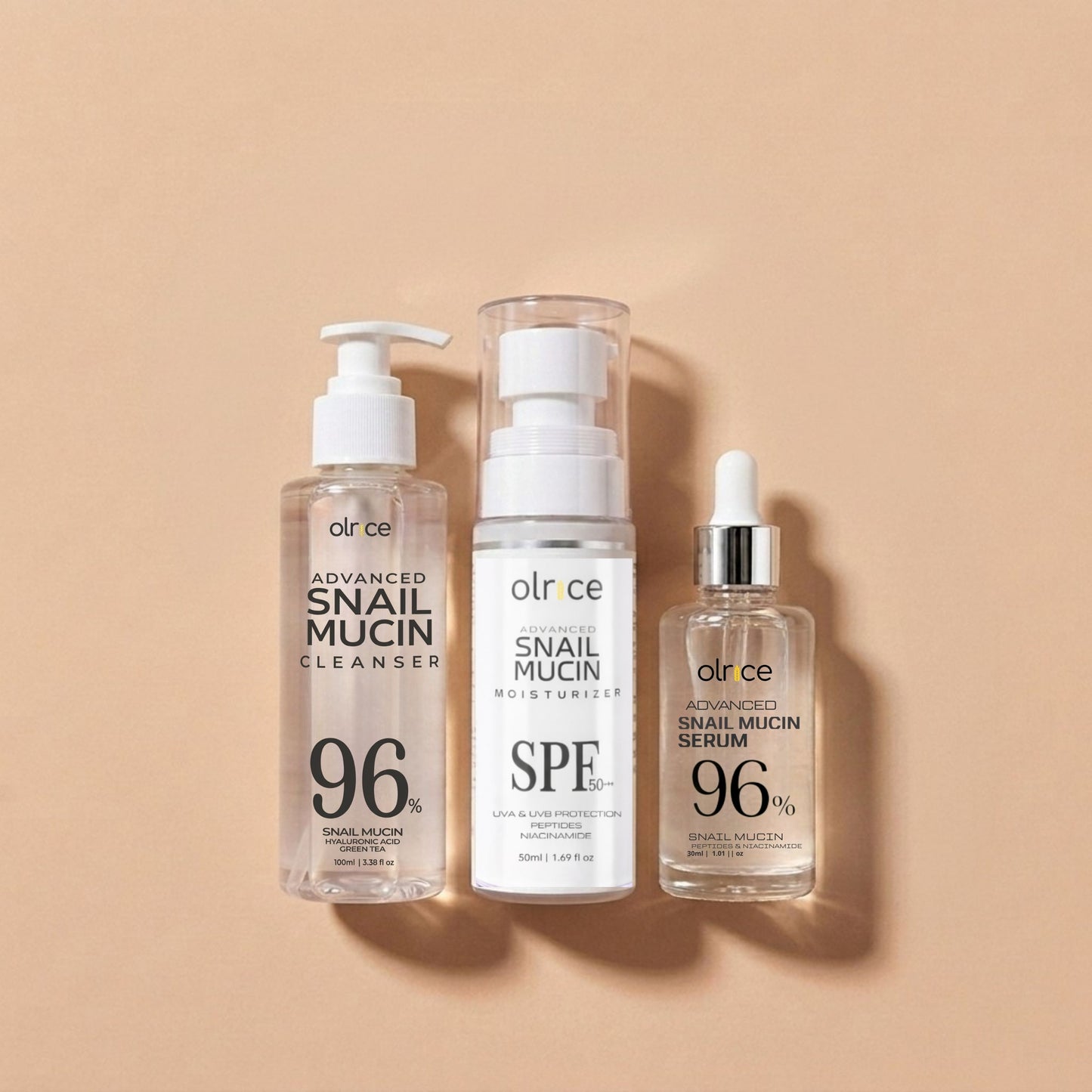 Advanced Snail Mucin Skincare Set - Cleanser with Hyaluronic Acid, 96% Niacinamide Serum, SPF 50+++ Moisturiser - Pack of 3